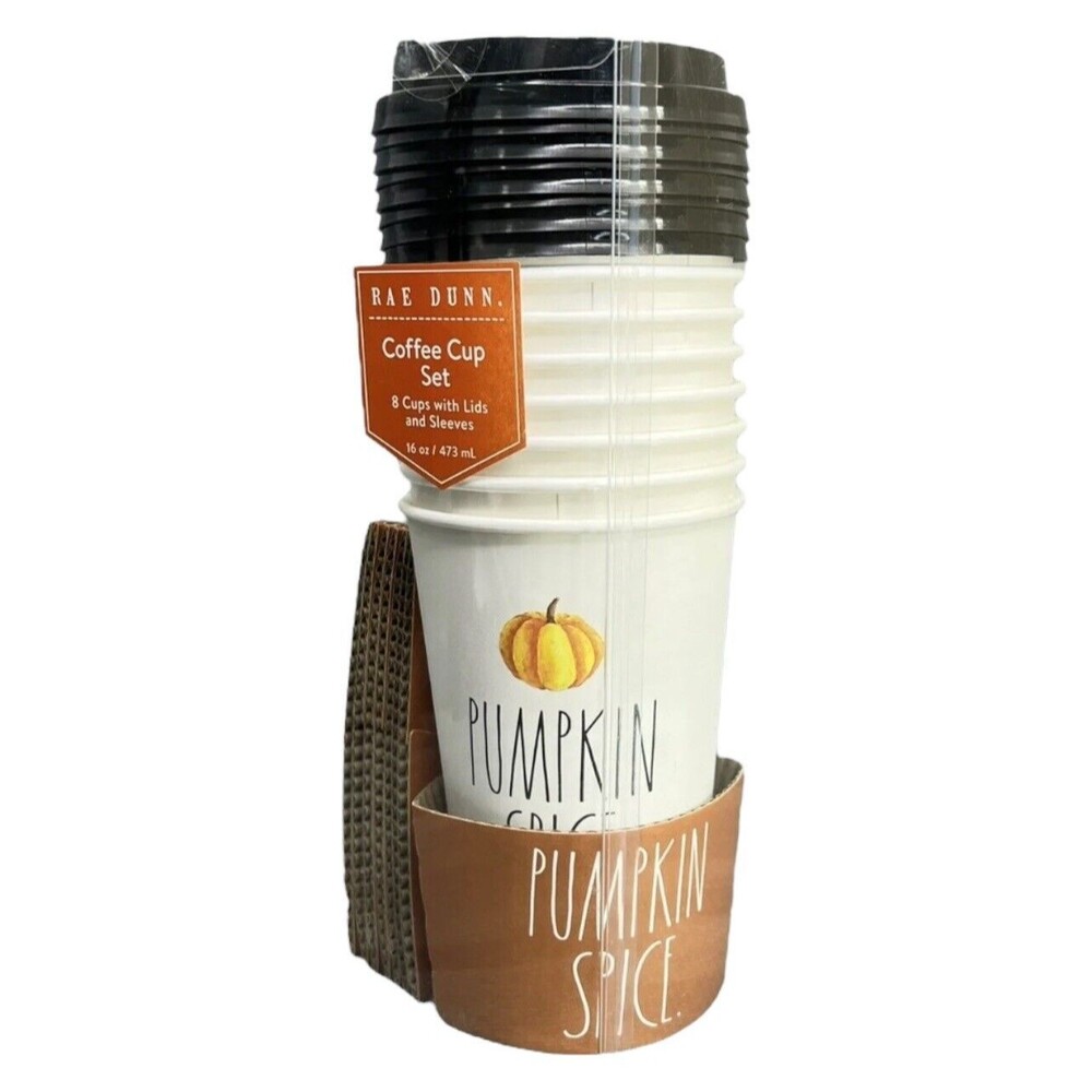 Rae Dunn PUMPKIN SPICE Set of 8 Travel Coffee Cups Sleeves Lids Fall NEW 2019